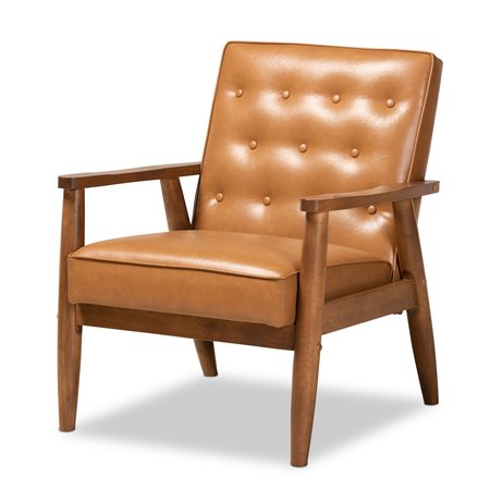 BAXTON STUDIO Sorrento Mid-Century Modern Tan Faux Leather and Walnut Brown Finished Wood Lounge Chair 175-10977-Zoro